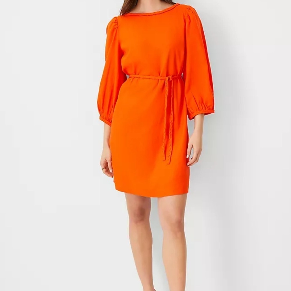 NWT Ann Taylor Orange Flame Azalea Linen Blend Puff Sleeve Belted Shift Dress 6T